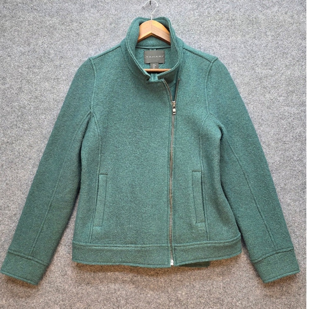 Tahari Jacket Women Medium Green Excellent Wool Blend Asymmetric Moto Zip Front - Picture 4 of 11
